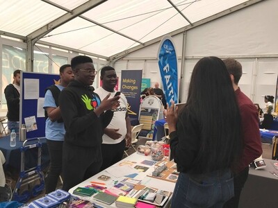 Students chatting at Chelmsford Freshers Fair